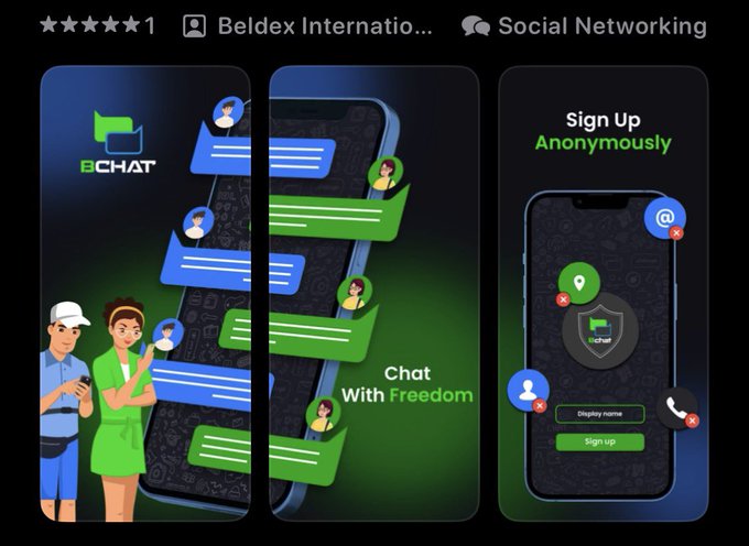 A mobile app store listing for 'BChat' by Beldex International, a social networking app, showcasing screenshots that advertise 'Chat With Freedom' and 'Sign Up Anonymously' features.