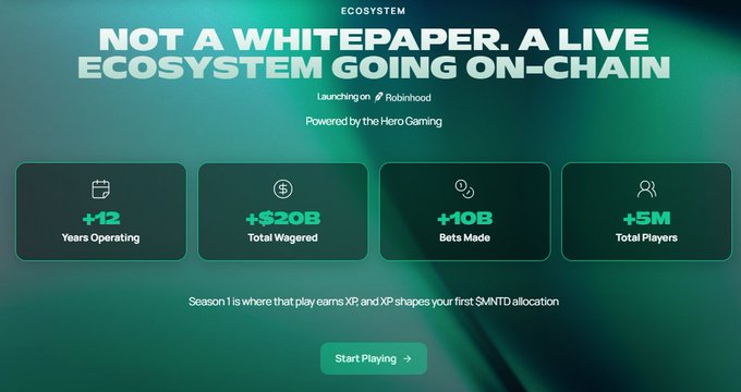 A green-themed promotional graphic for an ecosystem launching on Robinhood, titled 'NOT A WHITEPAPER. A LIVE ECOSYSTEM GOING ON-CHAIN', highlighting stats: +12 Years Operating, +$20B Total Wagered, +10B Bets Made, and +5M Total Players.