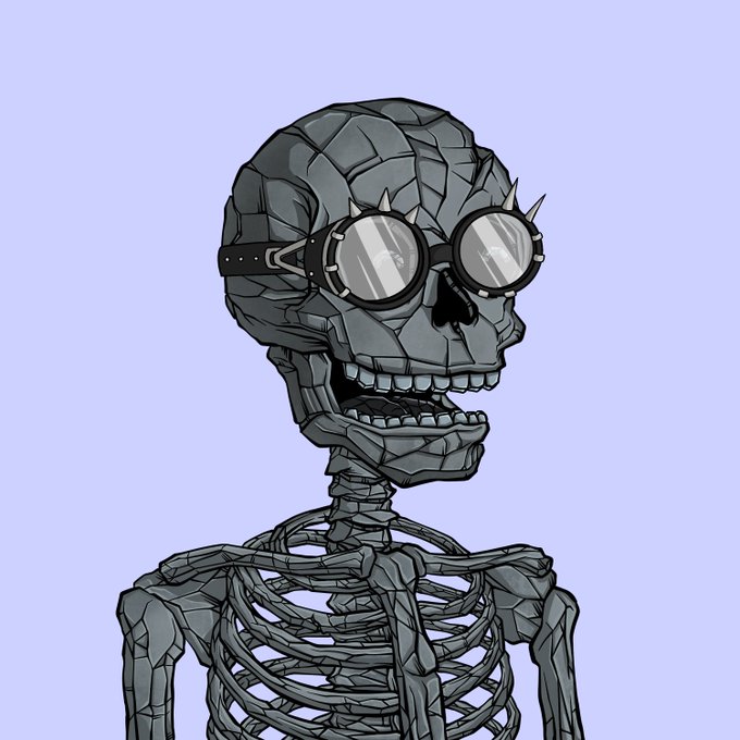 A digital illustration of a cracked stone skeleton wearing spiked round goggles against a light purple background.