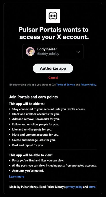 The image shows an X (formerly Twitter) app authorization prompt requesting extensive permissions for "Pulsar Portals" to access user Eddy Kaiser's (@eddy_edojay) account, including the ability to post, block accounts, mute users, and manage lists.

This screenshot relates to the post by illustrating the creator's surprise at the wide-ranging permissions required by the EthraShip points loyalty program integration on X, highlighting their humorous procrastination about launching it.