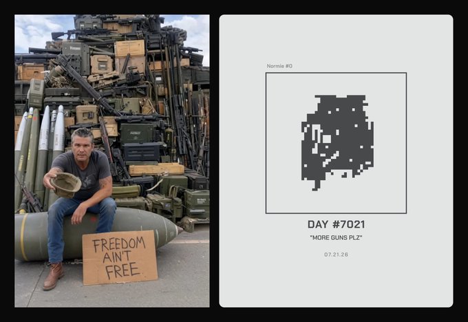 A split image showing a man with a 'FREEDOM AIN'T FREE' sign sitting in front of a massive pile of military equipment on the left, and a pixel art piece titled 'Nonmie #0 - DAY #7021 - "MORE GUNS PLZ" - 07.21.28' on the right.
