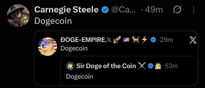 Twitter/X post from Carnegie Steele (@Ca...) showing Dogecoin, featuring DOGE-EMPIRE.X (29m) and Sir Doge of the Coin (53m) with various emojis and X logos.