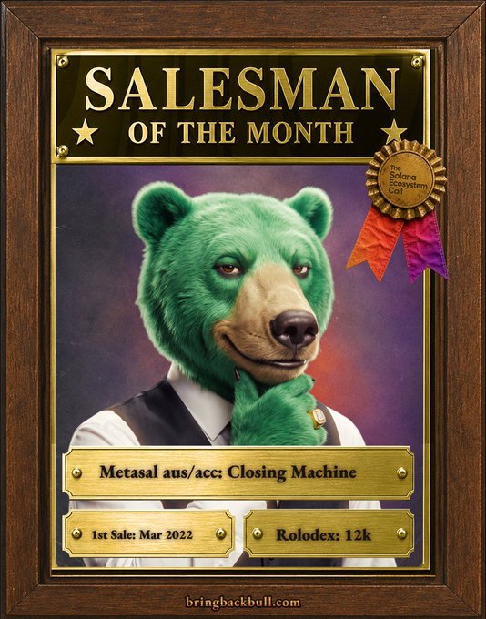 Another 'SALESMAN OF THE MONTH' award plaque from bringbackbull.com, this one featuring a green bear in a vest, labeled 'Metasal aus/acc: Closing Machine' with '1st Sale: Mar 2022' and 'Rolodex: 12k'.