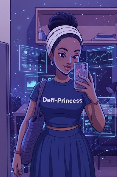 A young woman with dreadlocks, dressed in a blue dress and white headband, takes a selfie in a room with a bookshelf and computer monitor displaying stock market data.