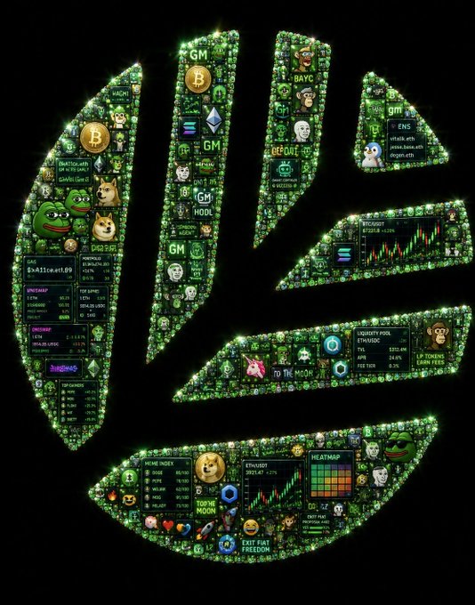 A stylized green Bitcoin logo collage featuring crypto trading elements including meme coins like PEPE, DOGE, and GM tokens, along with charts showing 'ETH/USD', 'HEATMAP', and text like 'TO THE MOON' and 'EXIT FIAT FREEDOM'.