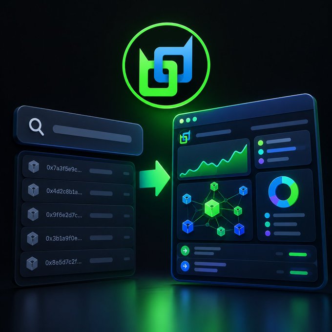 A stylized 3D graphic illustration showing a blockchain interface transforming into an analytics dashboard, featuring a green and blue logo at the top and a list of blockchain addresses (0x7a3f5e9c, 0x4d2c8b1a, 0x9f6e2d7c, etc.) on the left.