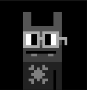A pixel art character wearing glasses, appearing to be a gray creature or NPC with an X-shaped mark on its chest.