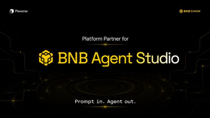 A dark promotional graphic for "BNB Agent Studio" as a Platform Partner, featuring the Pieverse and BNB Chain logos, a tagline reading "Prompt in. Agent out," and a tagline emphasizing seamless AI agent automation integrated with the Pieverse AI Gateway on BNB Chain.