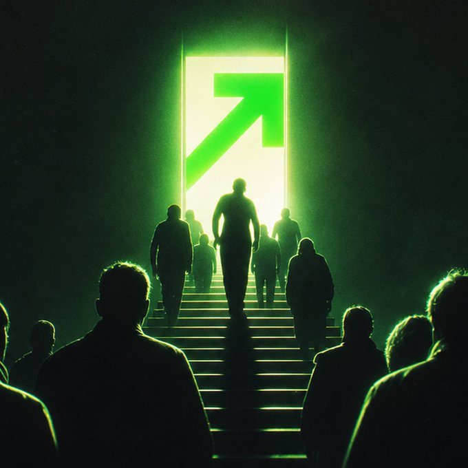 A dramatic digital illustration of silhouetted figures walking up illuminated stairs toward a glowing green doorway featuring a large upward arrow.