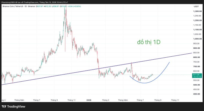 A TradingView candlestick chart titled 'Binance Coin/TetherUS · 1D' showing a long-term ascending trendline and a 'cup and handle' pattern in green with 'đồ thị 1D' labeled.