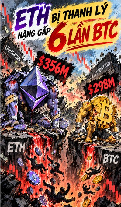 Dramatic illustration showing ETH bound and bleeding with a $356M liquidation tag versus a weakened BTC figure with $298M liquidation, with Vietnamese text reading 'ETH NẮNG GẤP 6 LẦN BTC BỊ THANH LÝ'.