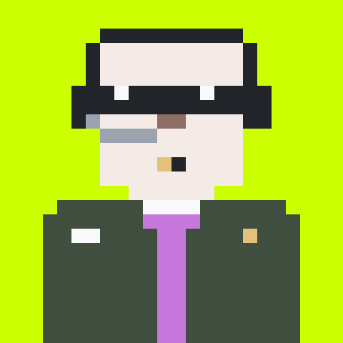 A pixel art character with a black hat, white face, and dark green jacket over a purple shirt is displayed on a bright green background. The image appears to be a low-resolution NFT avatar, likely representing the digital collectible the poster is referencing as a profitable flip in their crypto trading post.