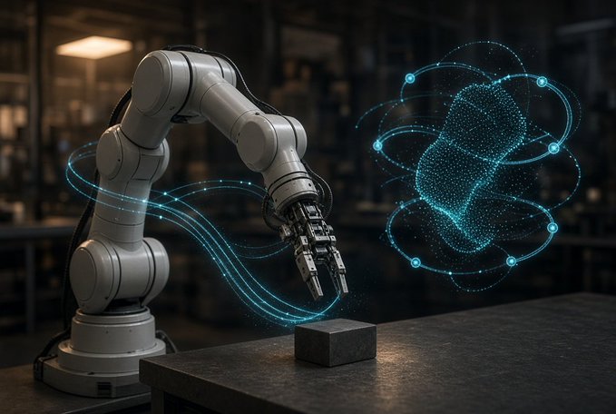 A futuristic digital illustration of a robotic arm reaching toward a glowing blue holographic cloud/shape on a dark workbench in an industrial setting.
