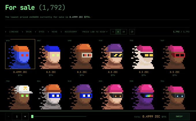 A marketplace interface showing pixel-art character NFTs for sale with text 'For sale (1,792)' and various prices in ZEC, with filtering options for LINEAGE, SKIN, EYES, HEAD, ACCESSORY.