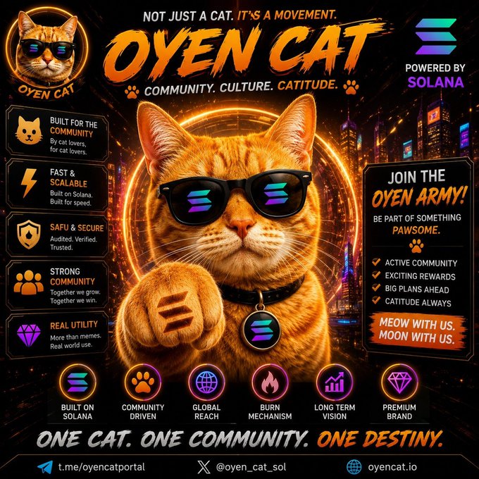 Promotional poster for 'OYEN CAT' featuring an orange tabby cat wearing sunglasses, branded with 'POWERED BY SOLANA' and listing features like 'COMMUNITY DRIVEN,' 'GLOBAL REACH,' and 'BURN MECHANISM' with the slogan 'ONE CAT. ONE COMMUNITY. ONE DESTINY.'