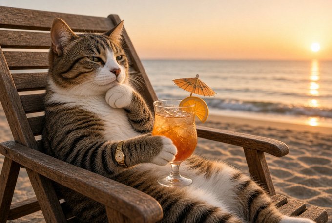 A relaxed tabby cat lounges on a wooden beach chair at sunset, wearing a gold wristwatch and casually holding an orange cocktail garnished with a paper umbrella, perfectly capturing the laid-back, "sipping in paradise" vibe that mirrors the poster's confidence in $HMM's enduring strength and laid-back longevity as one of the original meme cats of the $PONS ecosystem.