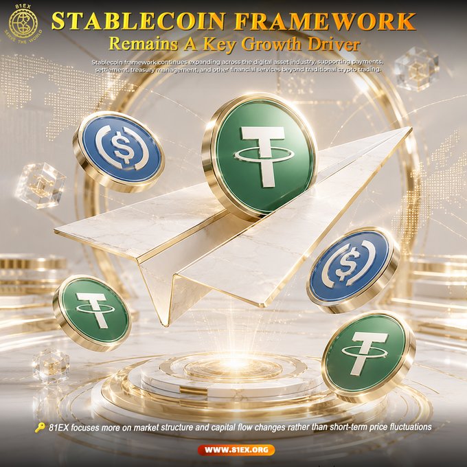 A 3D-rendered promotional graphic from 81EX (81EX.ORG) featuring USDC (blue "$" coin) and Tether (green "T" coin) tokens orbiting a golden star/arrow above a podium, headlined "STABLECOIN FRAMEWORK - Remains A Key Growth Driver," visually reinforcing the post's message about stablecoins expanding beyond crypto trading into broader financial services like payments and treasury management.