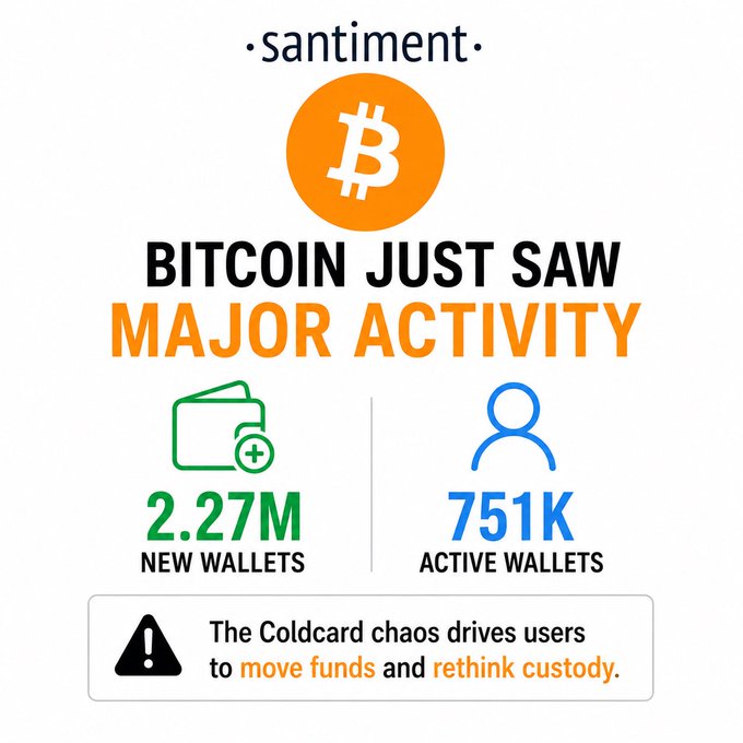 A Santiment infographic highlights Bitcoin's major on-chain activity with 2.27M new wallets and 751K active wallets, attributing the surge to users moving funds and rethinking custody amid the Coldcard chaos.