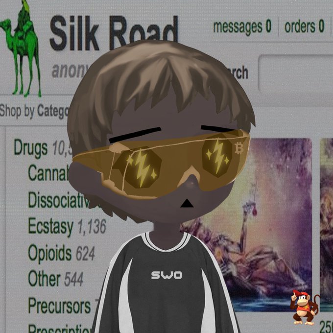 A 3D cartoon avatar wearing lightning-bolt sunglasses and a 'SWO' jacket stands in front of a Silk Road darknet marketplace website listing categories like Drugs, Cannabis, and Ecstasy.