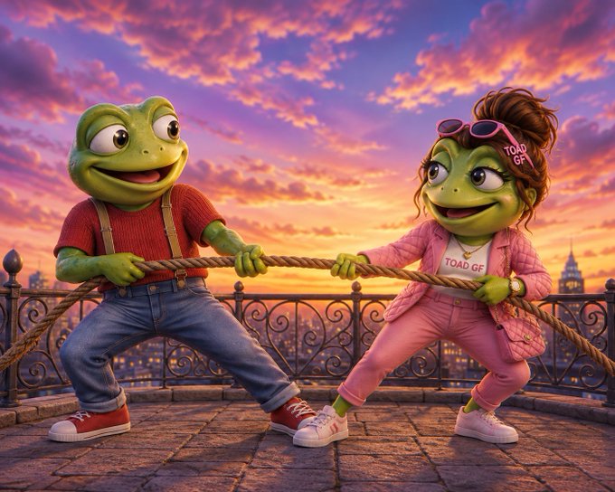 3D-rendered cartoon scene of two green Pepe-style frog characters engaged in a tug-of-war at sunset; the male wears a red shirt and overalls while the female wears pink attire labeled 'TOAD GF'.