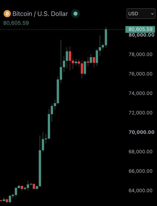 A Bitcoin to U.S. Dollar price chart showing a candlestick graph with the current value at 80,605.59 USD.