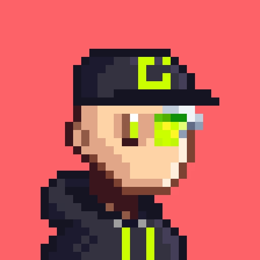 A pixel art portrait of a person wearing a black baseball cap featuring a green 'C' logo, with one green eye visible, set against a red background.