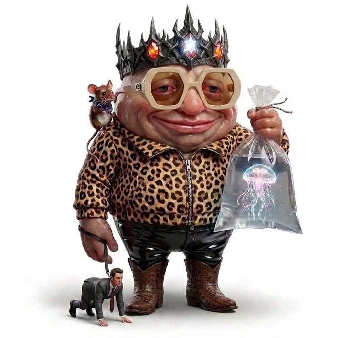 A grotesque, cartoonish character wearing a leopard print jacket, spiked crown, and oversized glasses holds a bag containing a jellyfish, while a small man on a leash and a mouse stand nearby.