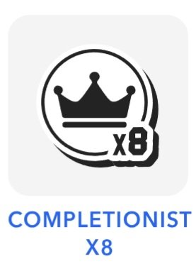A digital achievement icon featuring a crown symbol with an 'x8' multiplier and the text 'COMPLETIONIST x8' below it on a gray background.