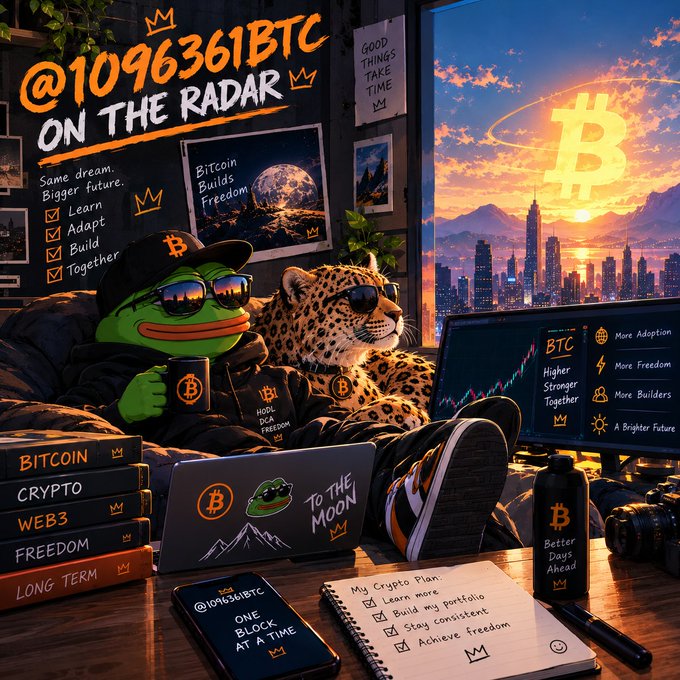A stylized digital illustration depicts a Pepe the Frog character wearing a Bitcoin cap alongside a leopard with sunglasses, surrounded by Bitcoin-themed books, monitors, and text reading '@1096361BTC ON THE RADAR' and 'To the Moon'.