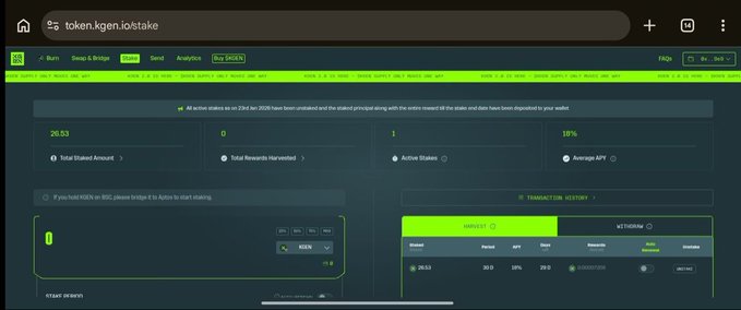 A screenshot of the KGeN staking dashboard at token.kgen.io/stake displays a staked balance of 26.53 KGEN with an 18% average APY and 1 active stake, matching the user's reported vault activity and confirming their passive reward earnings.