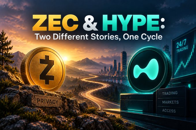 A promotional graphic titled 'ZEC & HYPE: Two Different Stories, One Cycle' featuring a gold Zcash (ZEC) coin labeled 'PRIVACY' on the left and a glowing teal Hyperliquid (HYPE) logo labeled 'TRADING MARKETS ACESS' with a '24/7 TRADING' chart on the right, set against a sunset landscape with a city skyline.