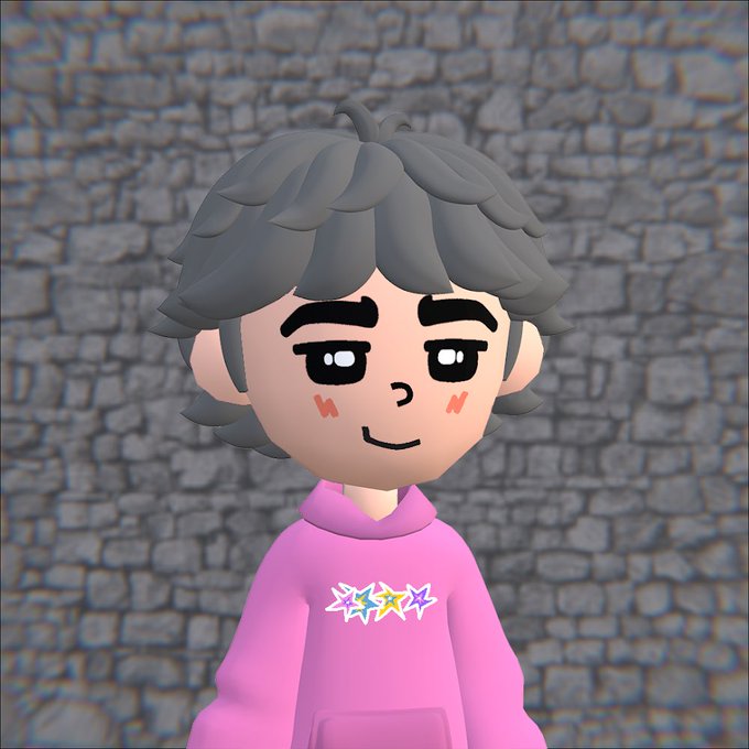 A 3D animated character with messy gray hair and rosy cheeks wearing a pink hoodie with colorful star graphics, standing in front of a gray stone wall.