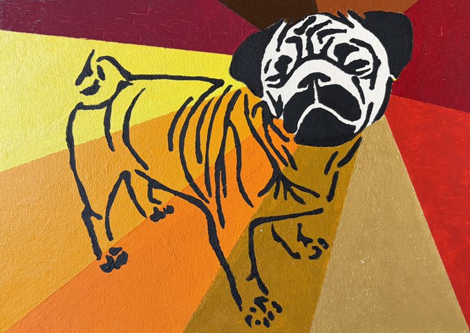 A colorful mural of a dog rendered in black outline against a vibrant background of yellow, orange, red, and magenta geometric shapes.