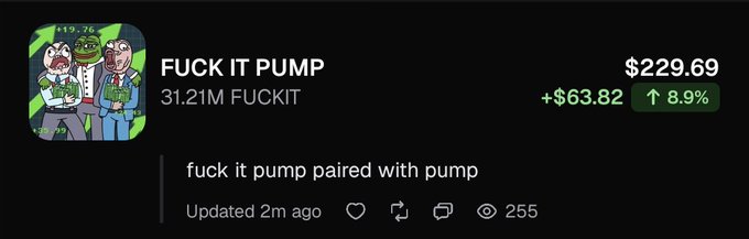 A mobile trading app screen shows a coin or token named 'FUCK IT PUMP' priced at $229.69, up 8.9% (+$63.82), with a market cap of 31.21M FUCKIT.