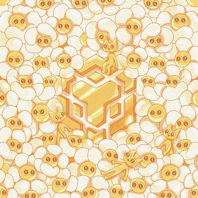 A whimsical illustration featuring a central golden geometric logo (Binance) surrounded by clouds with cartoon cat faces, with three orange cats positioned around the design.