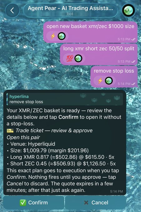 A Telegram chat interface with 'Agent Pear - AI Trading Assistant bot' showing a confirmation prompt for a 'Long XMR / Short ZEC' trade ticket on Hyperliquid.