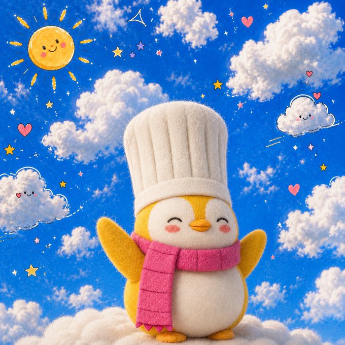 A cute yellow and white penguin wearing a tall white chef's hat and pink scarf stands with wings outstretched against a cheerful illustrated blue sky with smiling clouds, a smiling sun, hearts, and stars.