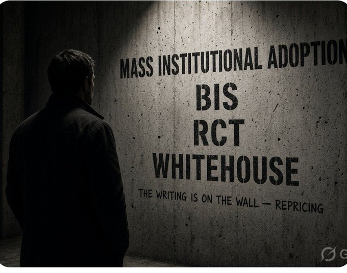 A silhouetted man stands in a dark room facing a concrete wall illuminated by a spotlight, displaying the stenciled text: 'MASS INSTITUTIONAL ADOPTION BIS RCT WHITEHOUSE THE WRITING IS ON THE WALL — REPRICING'.