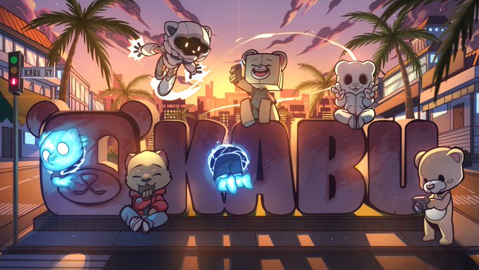 A vibrant digital illustration showcases the "KABU" logo in large block letters, surrounded by various cute Kabu teddy bear and ghost-like characters in a tropical cityscape at sunset, with a "KABU ST" street sign visible on the left. The image celebrates the Kabu NFT project, which is migrating to ETH and giving away a Kabu NFT to a supportive community member.