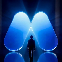 A silhouetted person stands before a large, glowing blue MX Master-style logo in a dark, futuristic setting.