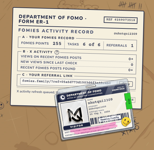 A mock document styled as a 'DEPARTMENT OF FOMO. FORM ER-1' FOMIES ACTIVITY RECORD showing 255 points and 6 tasks, alongside an ID badge for visitor 'nhutqui2309'.