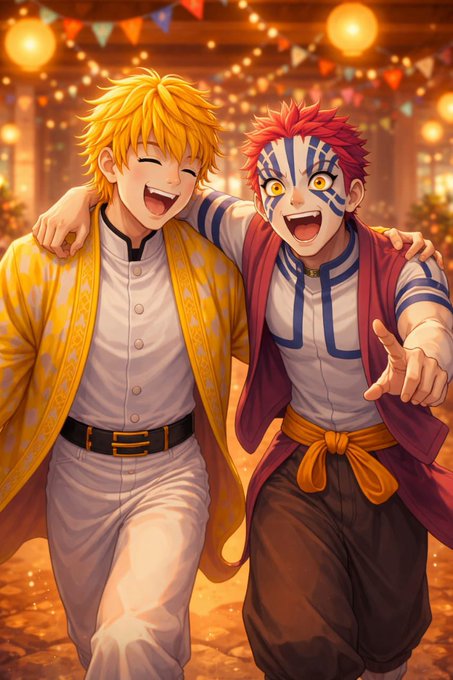 The image features two cartoon characters, one wearing a yellow coat and the other wearing an orange shirt. They are both smiling and appear to be enjoying each other's company as they walk together down a path. The background of the image includes various lights that create a festive atmosphere, suggesting that it might be a holiday or special event.