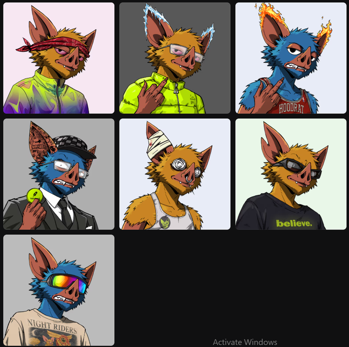 A grid of seven cartoon boar/pig character avatars with various outfits, including one wearing a hoodie, a suit, and one with fire on its head, displayed on a Windows desktop.
