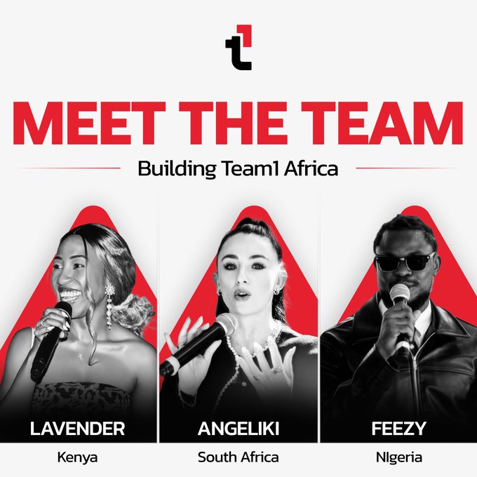 A 'Meet the Team' graphic for Team1 Africa introducing three individuals: Lavender from Kenya, Angeliki from South Africa, and Feezy from Nigeria.