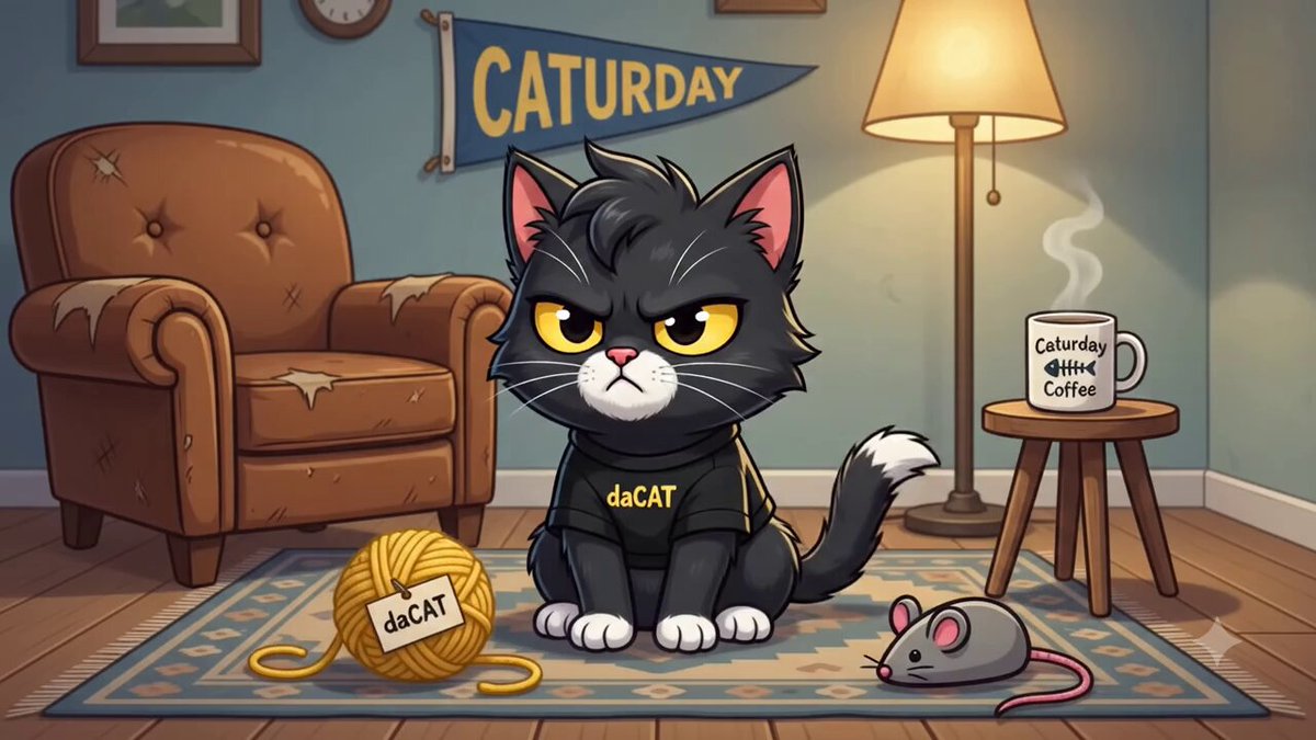 The image features a cartoon cat sitting on a rug, wearing a black shirt with "daCat" written on it. The cat has an angry expression as if it's mad at someone or something. In front of the cat are two objects - a ball of yarn and a mouse toy. There is also a chair visible in the scene. The image includes text that reads "Good Saturday to daCommunity and Happy Caturday!" with the caption "daCAT on eth".