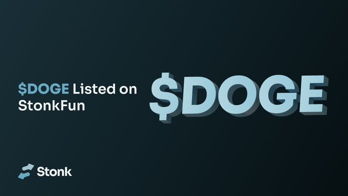 A promotional graphic announces "$DOGE Listed on StonkFun" in white and light blue text, accompanied by a large bold "$DOGE" logo against a dark background, with the "Stonk" branding in the bottom left corner. The image supports the post's announcement that $DOGE can now be used as a pairing for launching coins on the StonkFun platform.