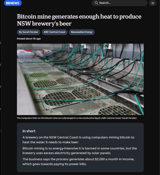 This ABC News article and accompanying image showcase a Bitcoin mining operation submerged in liquid at an NSW brewery, utilizing excess solar energy to power the miners and recover heat for brewing.
