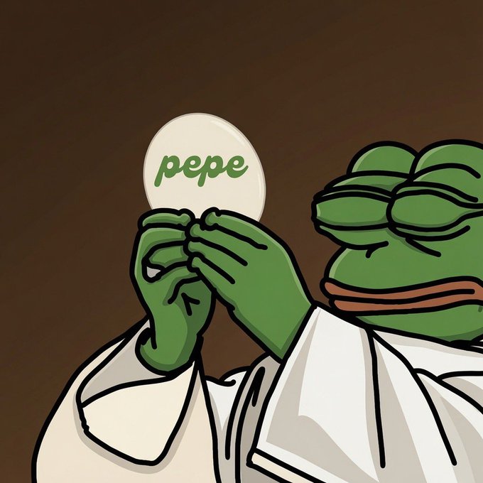 The image features a cartoon frog with green skin holding a white circle that has the word "PEPE" written on it. The frog appears to be praying or meditating while holding the circle. The background of the image is dark brown, which contrasts with the bright colors of the frog and the circle. There are no other objects in the image besides the frog and the circle.