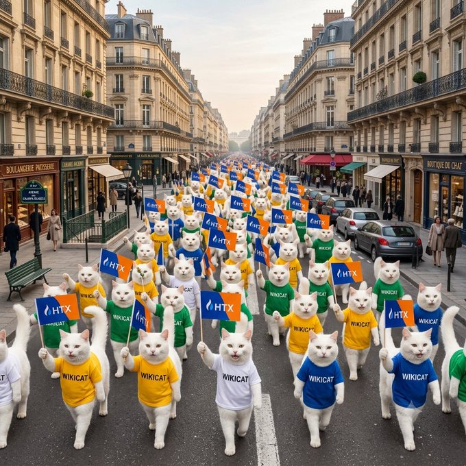 A parade of anthropomorphic white cats wearing colorful shirts reading "WIKICAT" and "HTX" marches down a Parisian boulevard holding matching flags, bringing the cheerful WikiCat spirit to life alongside the post's morning greeting and crypto hashtags.