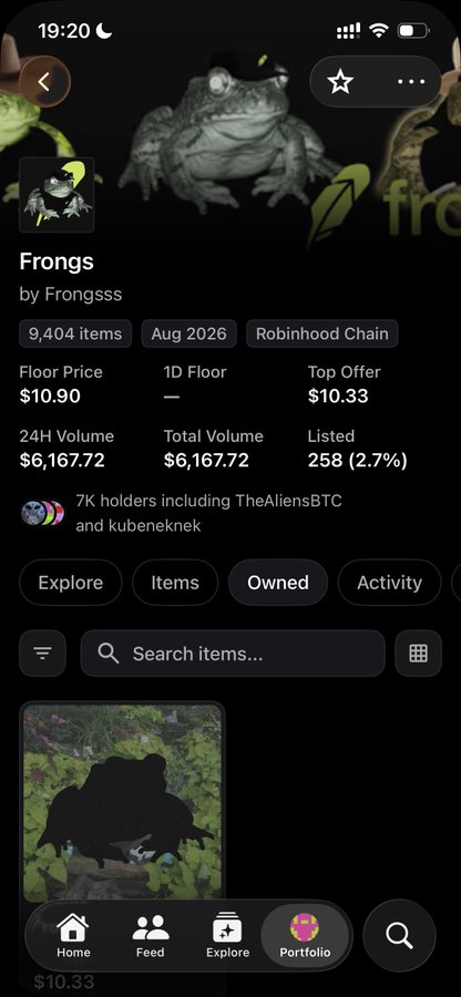 A mobile app screenshot showing an NFT collection called 'Frongs' by Frongss on the Robinhood Chain, with a floor price of $10.90, 9,404 items, and 24H volume of $6,167.72.